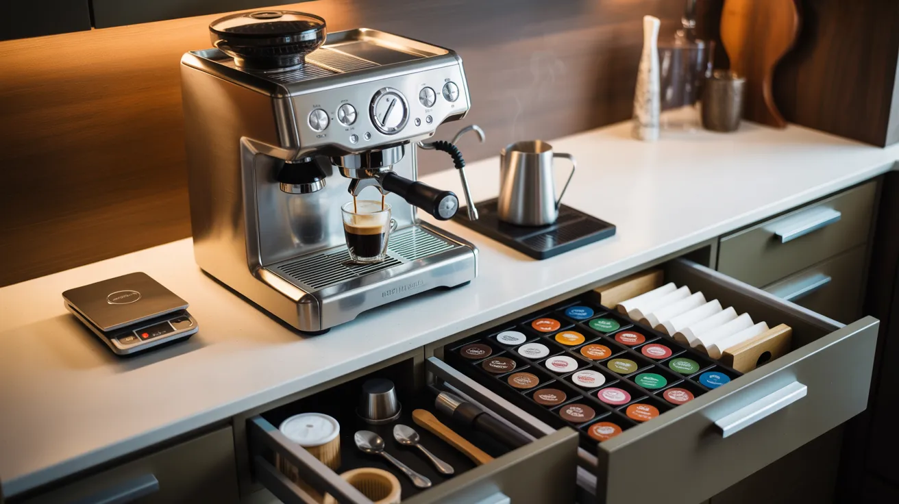A sleek espresso machine on a modern kitchen counter brews coffee. Open drawers reveal organized capsules, spoons, and a scale, conveying precision and luxury.