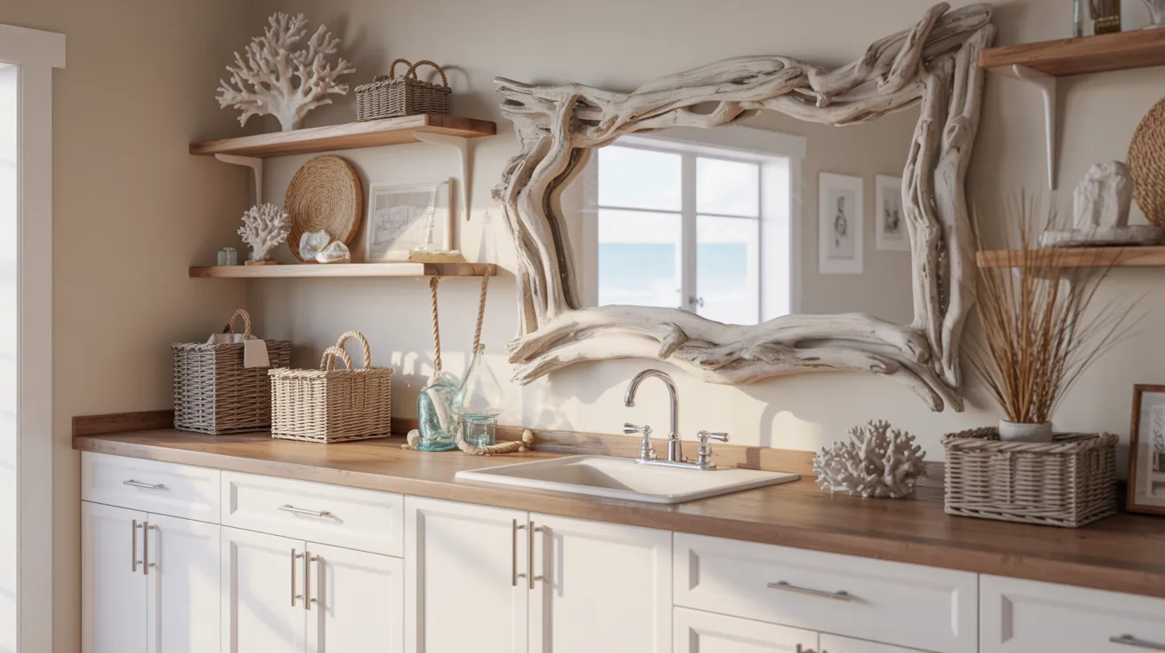Coastal-themed kitchen with driftwood mirror, white cabinets, and wooden shelves holding baskets, coral decor, and beach-inspired elements. Bright and airy.