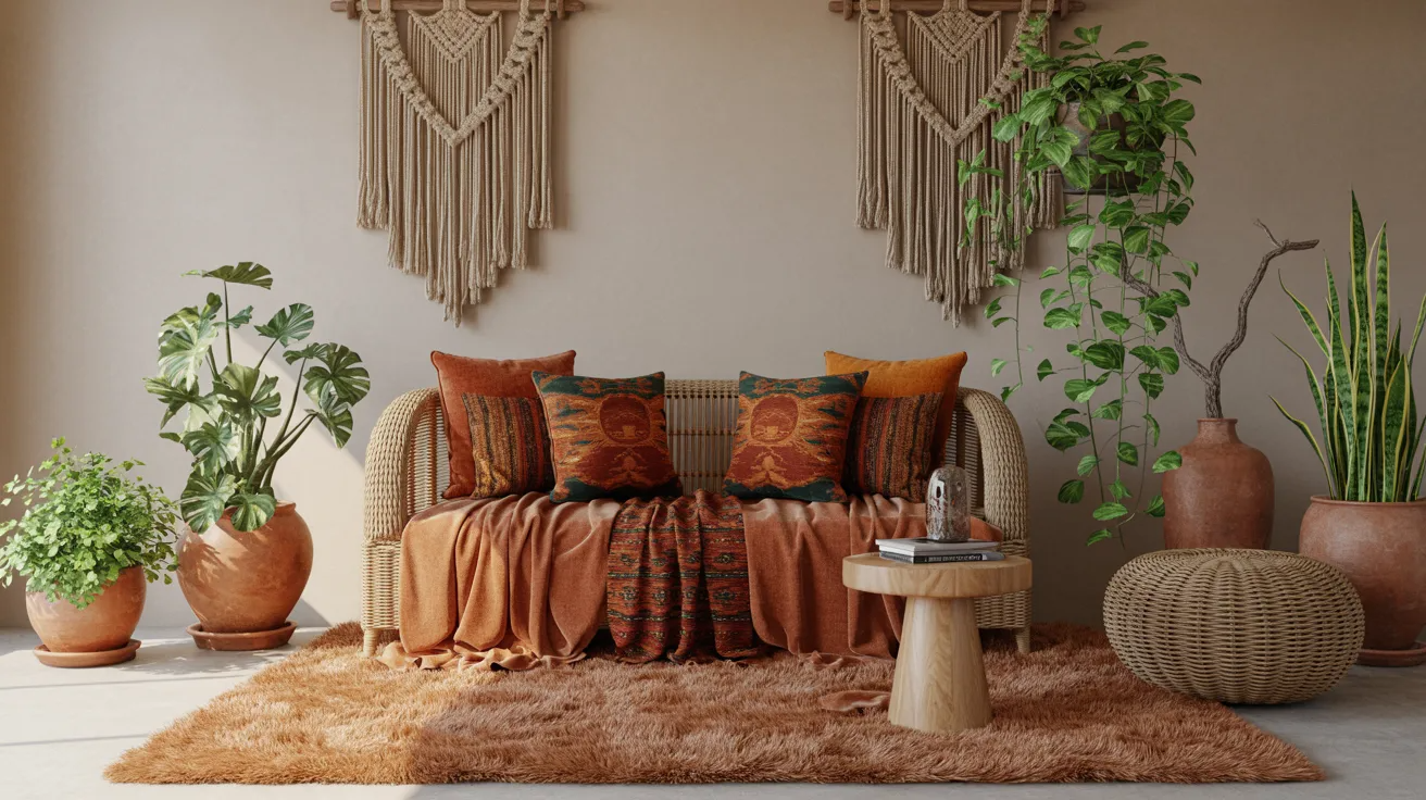 Cozy living room with a wicker sofa adorned with orange cushions and patterned pillows, surrounded by lush potted plants, macramé wall hangings, and a soft rug, creating a warm, earthy atmosphere.