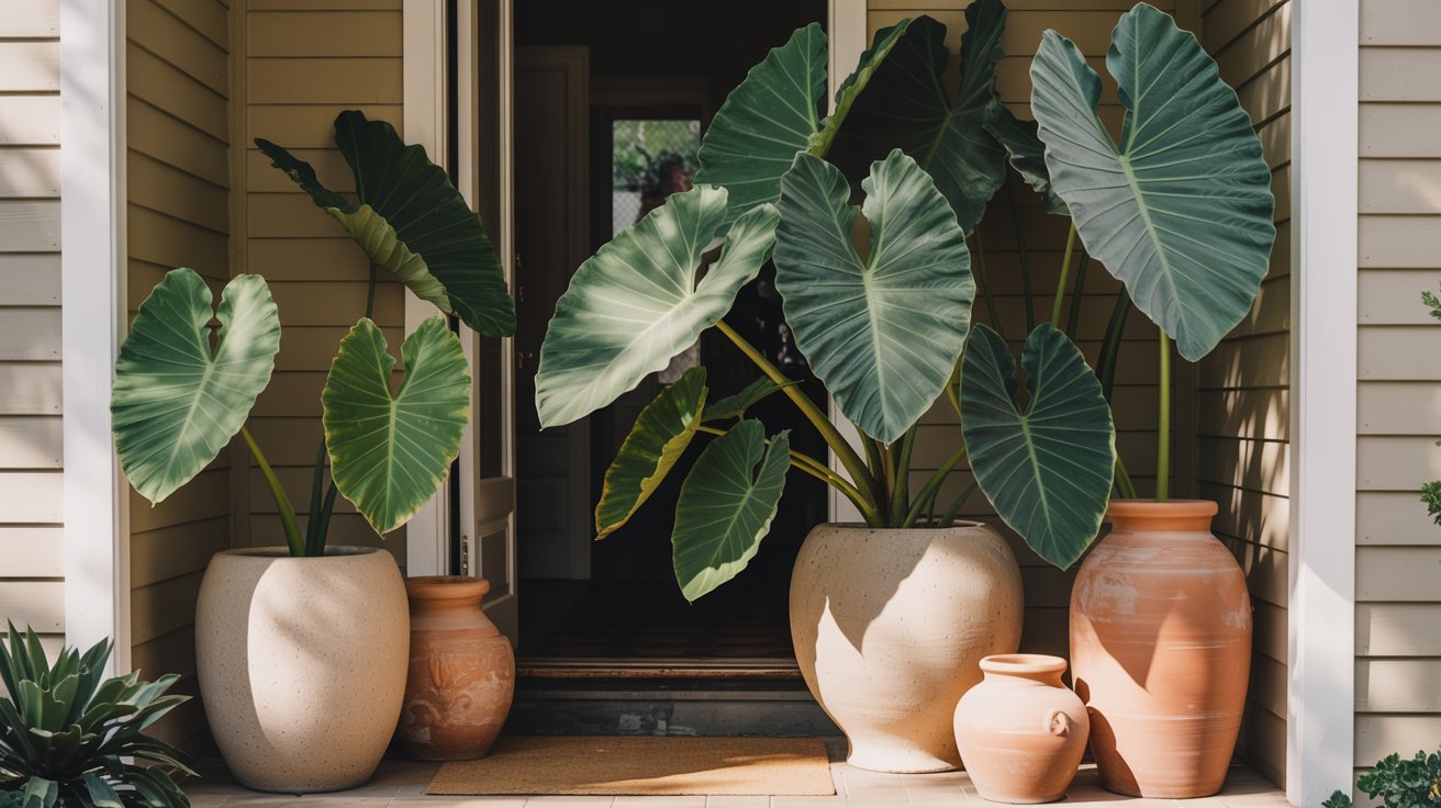 A cozy entrance with large, lush green potted plants beside tan-colored clay pots against a beige wooden wall, creating a welcoming and serene ambiance.