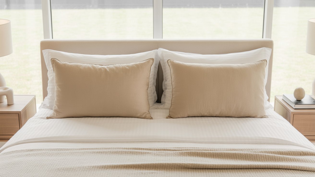 A neatly made bed with two large cream pillows against a white headboard. Light wood nightstands with lamps flank the bed, creating a calm, minimalist vibe.