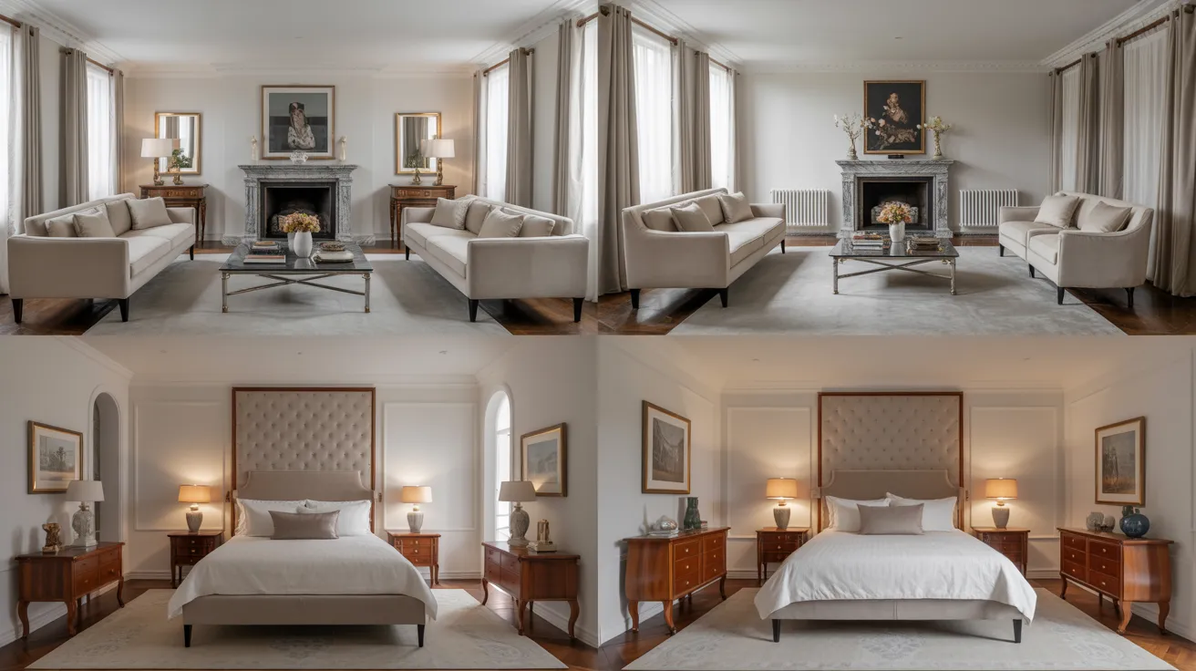 Elegant living room and bedroom with neutral tones. Plush sofas face a classic fireplace; a bed with tufted headboard flanked by wooden nightstands. Cozy ambiance.