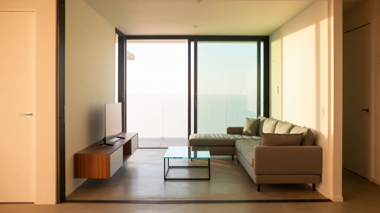 A minimalist living room with a large window revealing an ocean view. Features a gray sectional sofa, wall-mounted TV, and a glass coffee table.