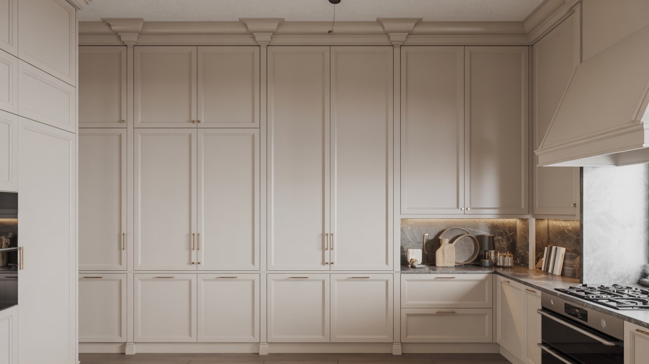 A modern kitchen featuring white cabinets and a sleek black stove, creating a stylish and contemporary atmosphere.