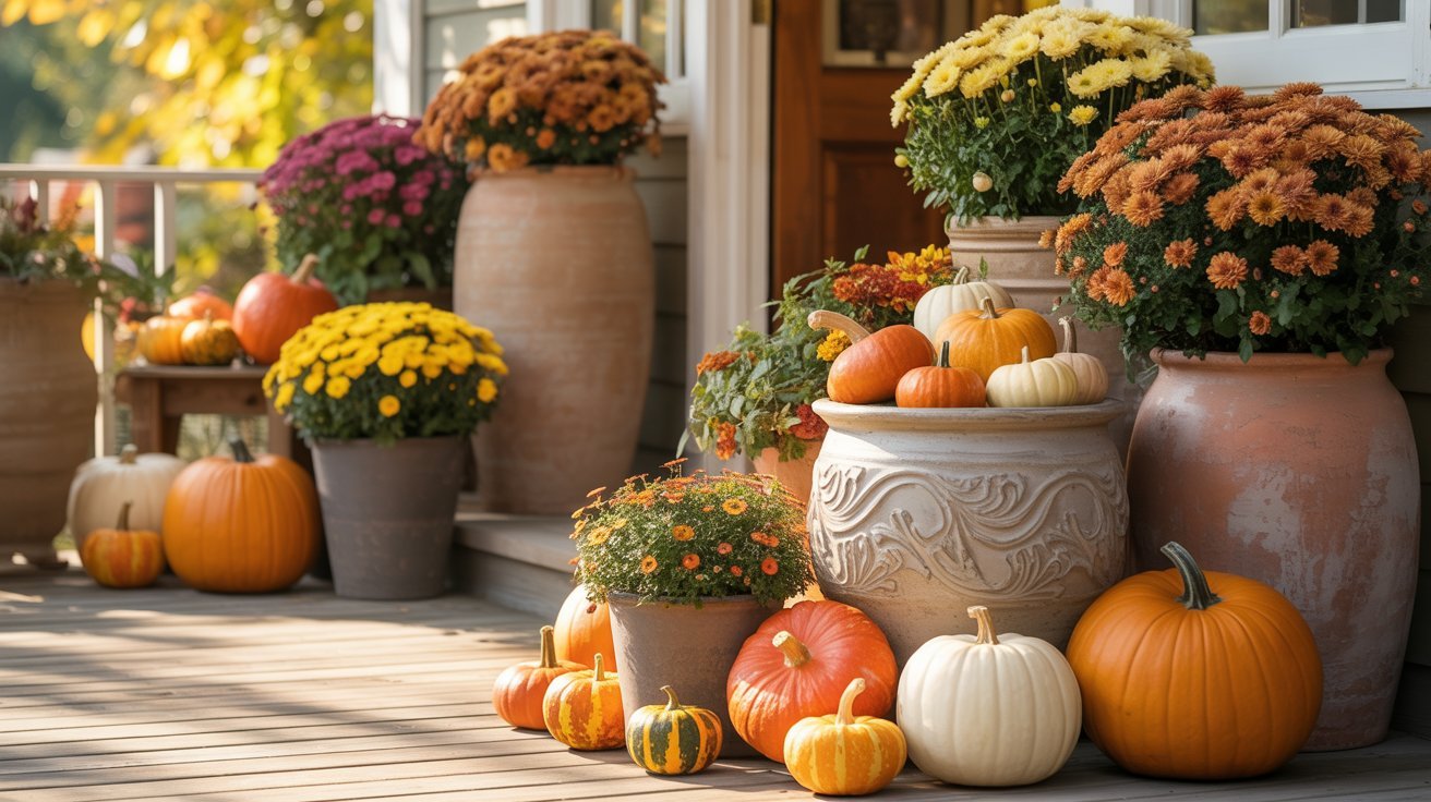 A porch decorated for autumn with pumpkins, gourds, and vibrant chrysanthemums in pots. Warm tones and soft sunlight create a cozy, festive atmosphere.