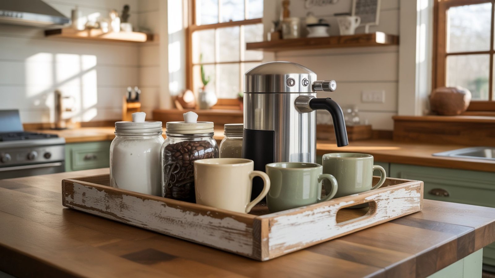 A sunlit kitchen with a rustic feel features a wooden tray on the counter holding a coffee maker, jars, and mugs. The scene conveys warmth and coziness.