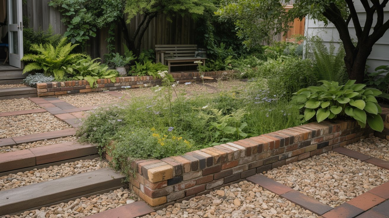 A tranquil garden features a stone path with pebbles and brick-bordered flower beds brimming with green plants. A wooden bench sits in the lush, peaceful setting.