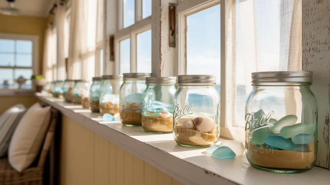 Sunlit windowsill with mason jars containing sand, seashells, and blue glass pieces. Bright, airy atmosphere with wicker chairs and soft pillows.