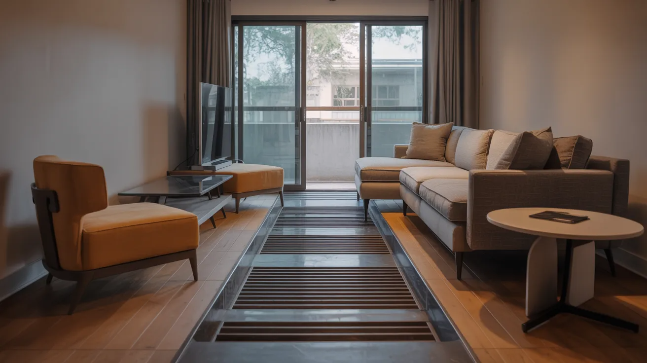 Modern living room with a gray sofa, yellow armchair, and TV. Glass floor panels lead to large, curtain-draped windows, creating an airy, minimalist feel.