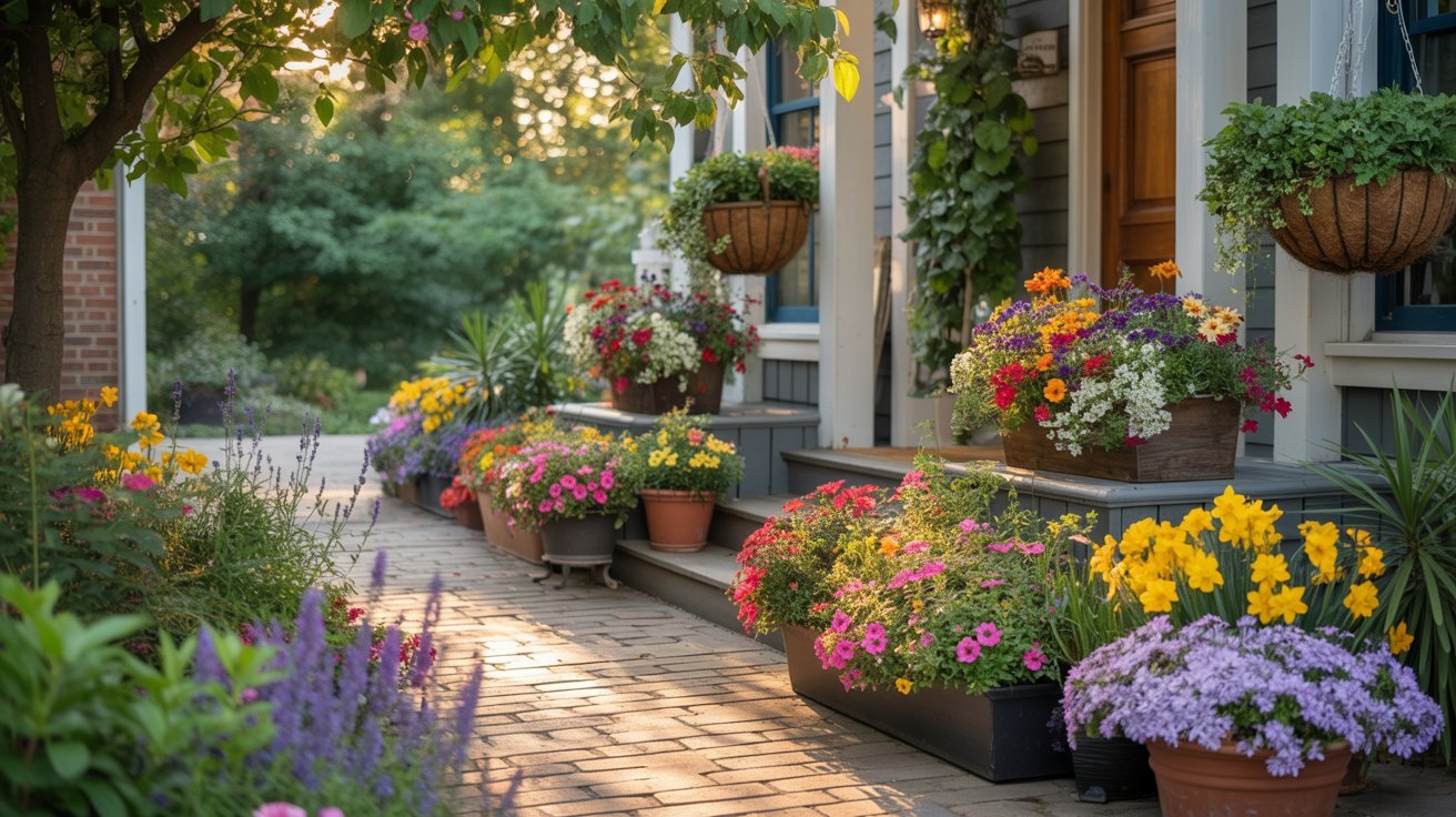 A sunlit garden path with blooming flowers in vibrant pots lines a quaint porch. Hanging baskets add charm, creating a serene and cozy atmosphere.