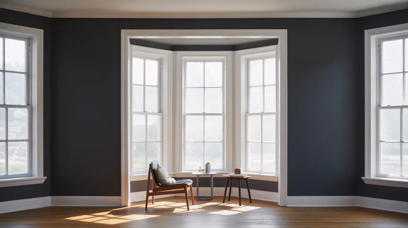 A sunlit room with large bay windows, dark walls, and a wooden floor. A cozy chair and small tables are set near the window, creating a serene atmosphere.