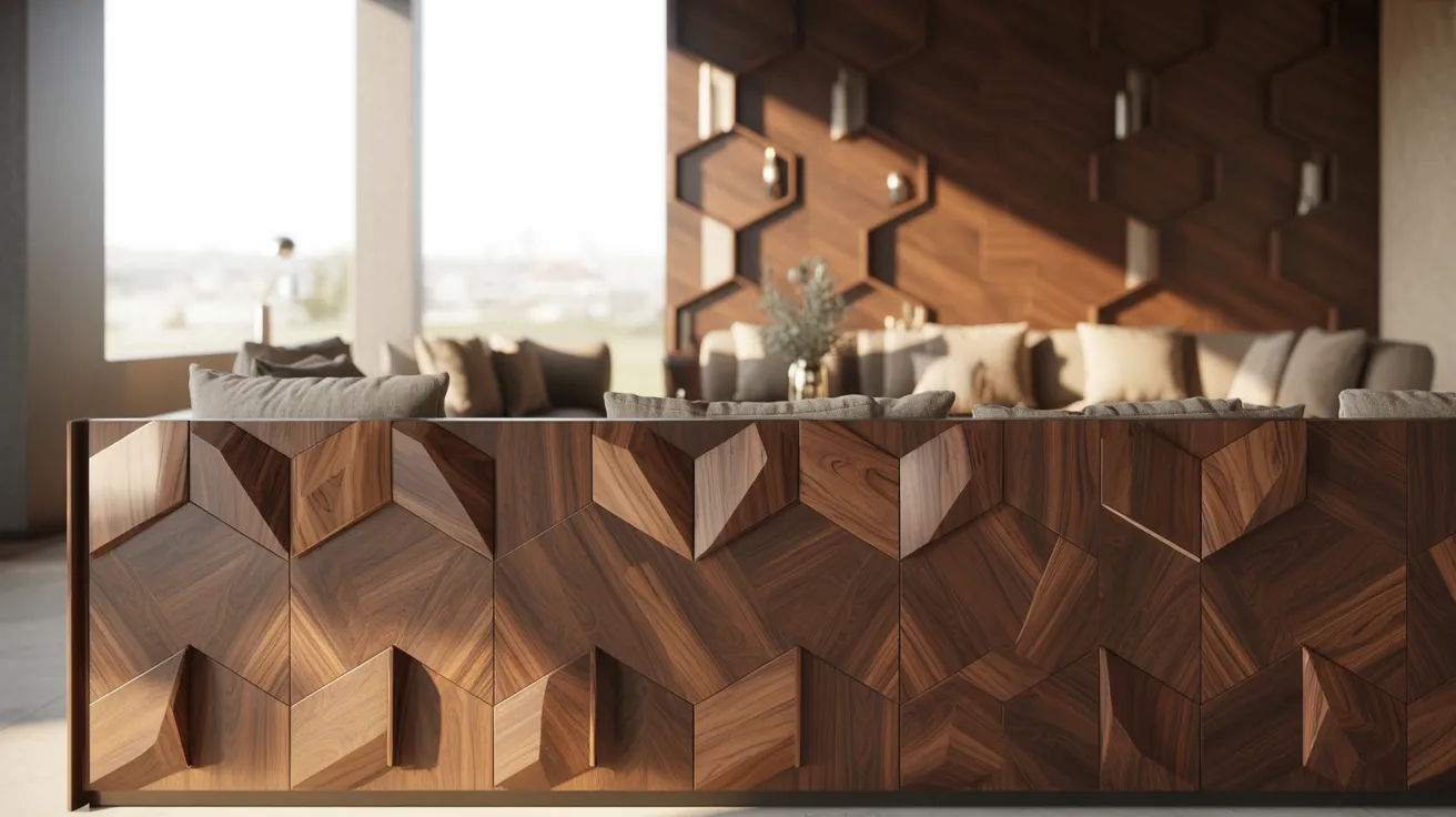 Modern living room with a geometric wooden wall and cabinet design. Neutral-toned sofas and soft lighting create a warm, inviting atmosphere.