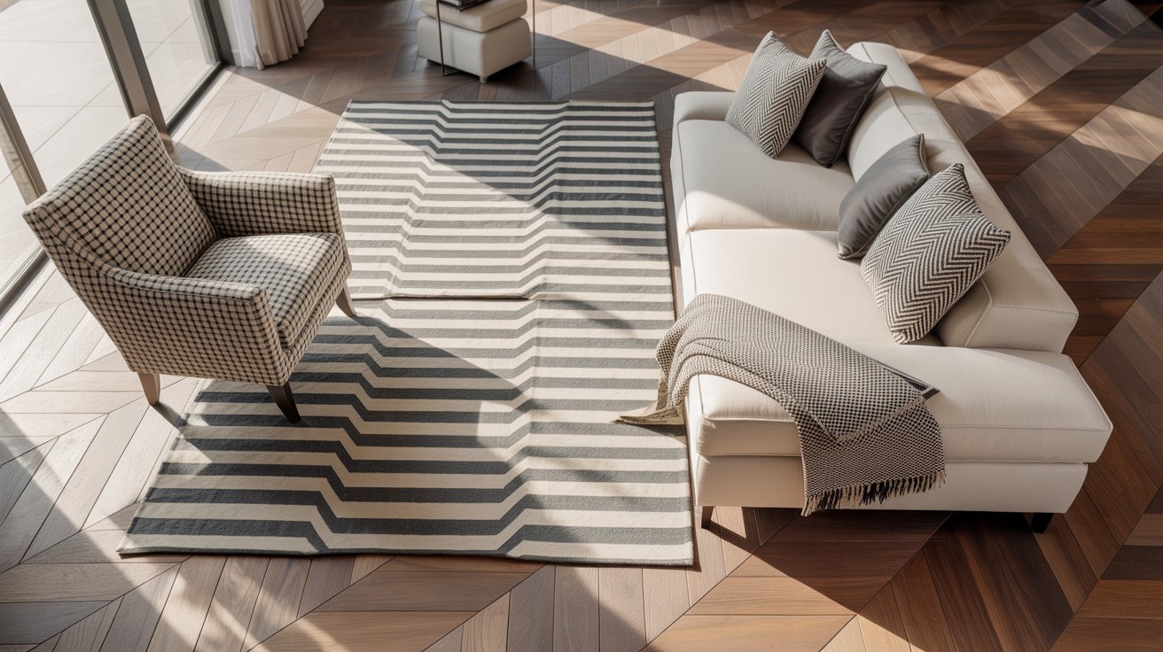 Modern living room with a light beige sectional sofa, houndstooth-patterned chair, striped rug, and warm wooden floors, creating a cozy, elegant ambiance.