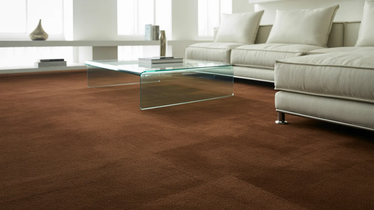 A modern living room with a plush brown carpet, a glass coffee table, and a white sofa with cushions. Bright natural light filters through large windows.