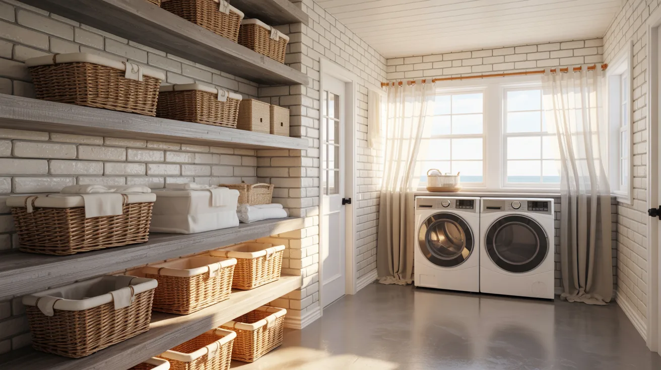 A laundry room featuring a washer and dryer, with shelves and cleaning supplies visible in the background.