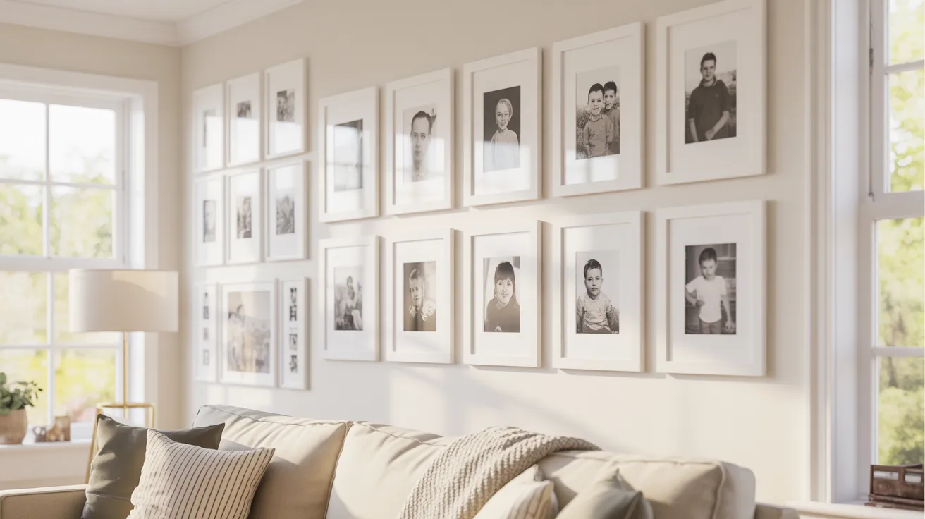 A cozy living room featuring a couch, a coffee table, and framed pictures adorning the walls.