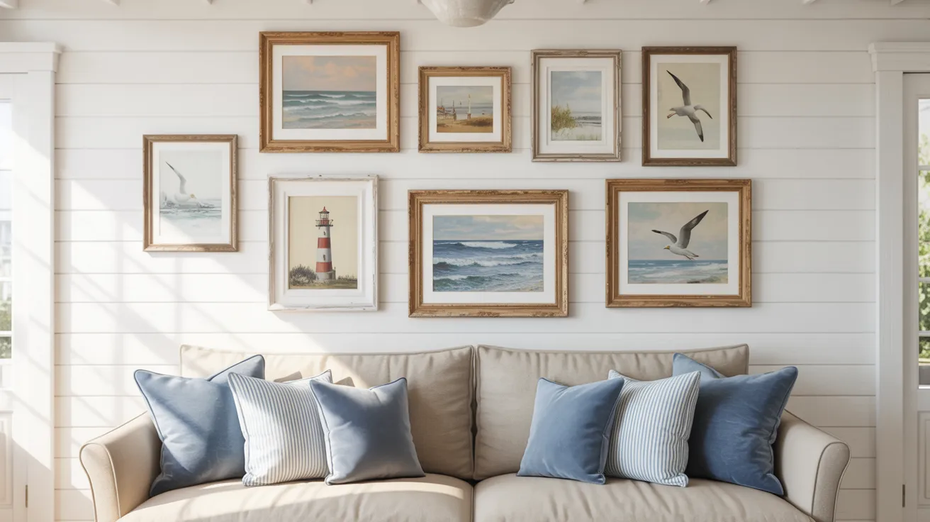 A cozy living room features a cream sofa adorned with blue and white pillows. Above, nine framed seaside paintings on a white shiplap wall evoke a calm, coastal vibe.