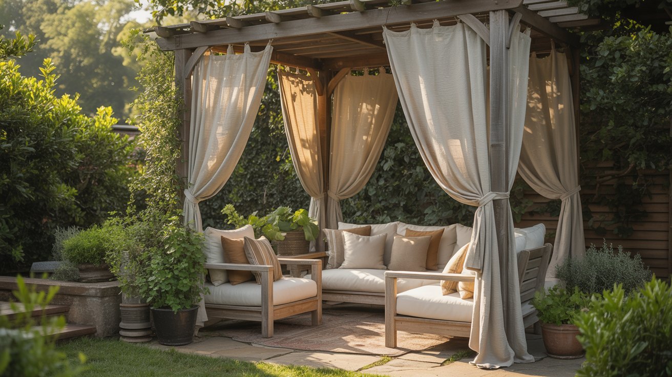 A cozy wooden pergola with white curtains encloses a patio area featuring cushioned sofas and potted plants, conveying a serene garden retreat.
