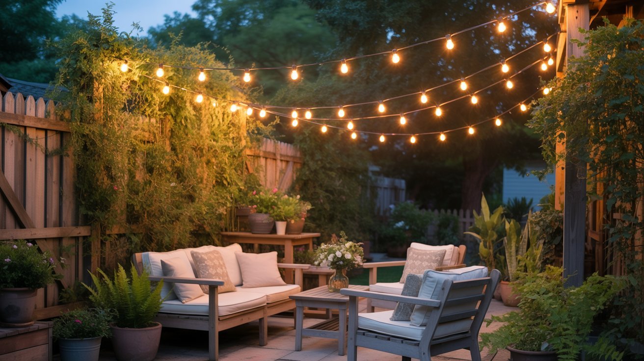Cozy outdoor patio with string lights, lush greenery, and comfortable seating. Inviting atmosphere perfect for relaxation and intimate gatherings.