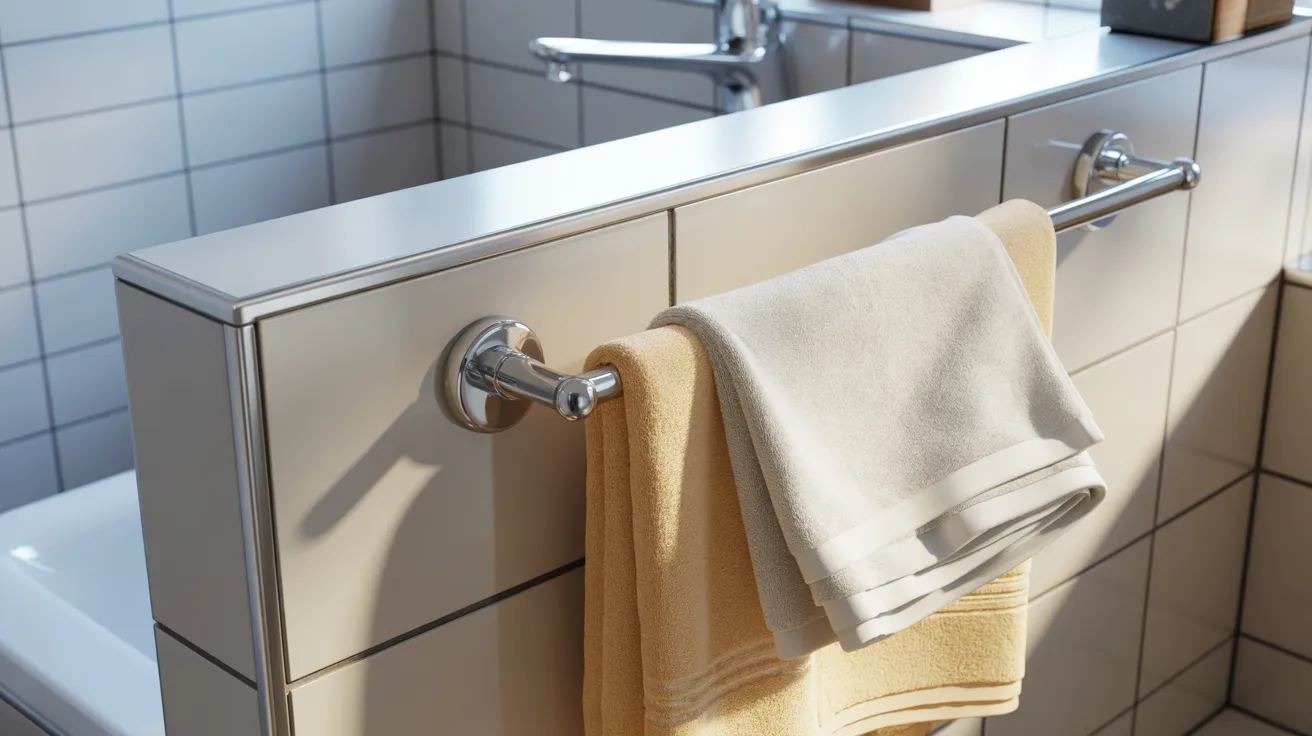 Towels in neutral tones hang neatly on a silver bar against a tiled bathroom wall, with soft, natural light creating a calm, organized atmosphere.