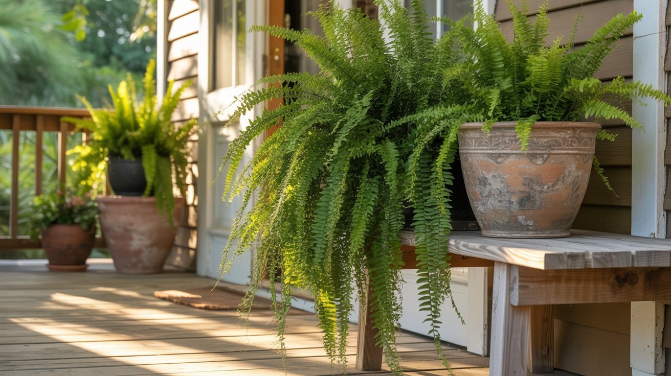 Potted ferns on a sunlit wooden porch create a serene and inviting atmosphere. The porch features wooden siding, and greenery adds a natural touch.
