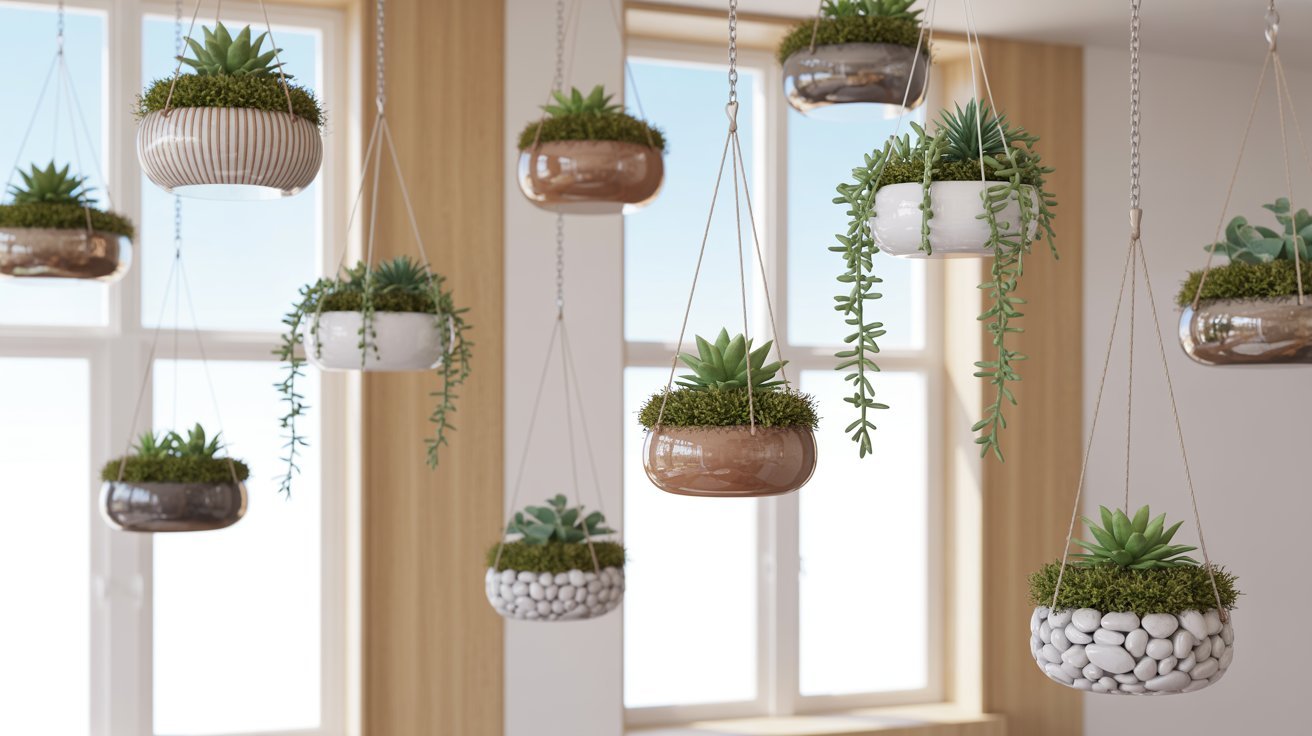 Hanging pots with succulents arranged in front of large windows. Pots vary in design, with some featuring stones, creating a serene and airy indoor garden vibe.