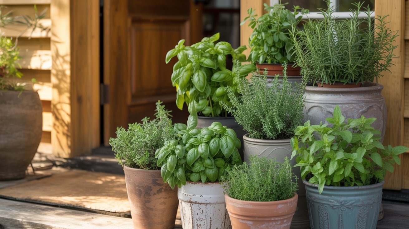 Pots of fresh green herbs like basil, rosemary, and mint are arranged on wooden steps near a rustic door, creating a cozy, vibrant atmosphere.