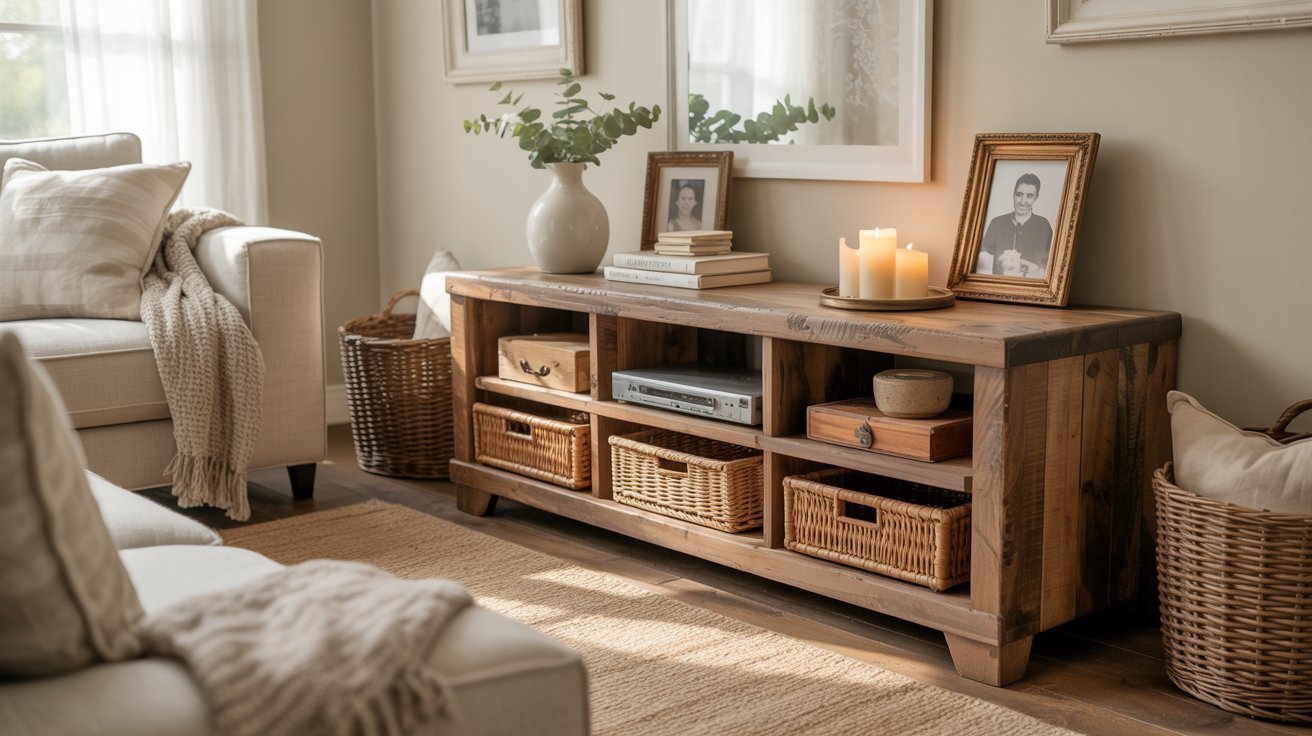 A cozy living room with a wooden console table holding wicker baskets, candles, books, and framed photos. Soft lighting and neutral tones create warmth.