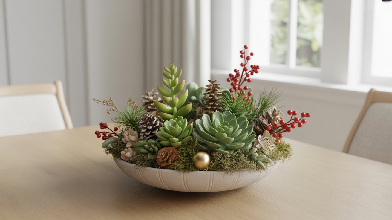 A decorative bowl on a wooden table holds green succulents, pine cones, red berries, and gold ornaments, set in a softly lit room near a window.