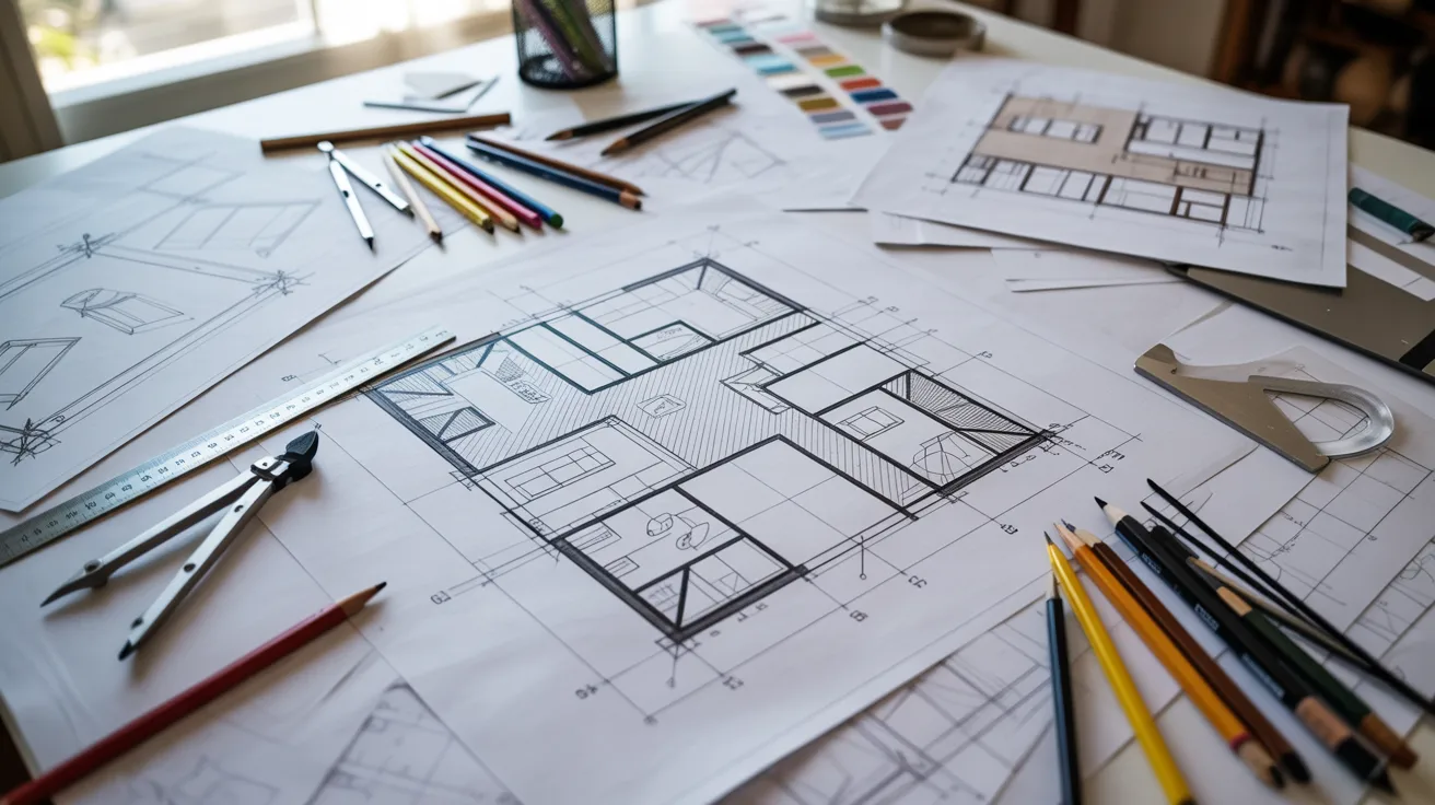 Architectural workspace with floor plans, pencils, compass, and ruler on a white desk. Sunlight streams in, creating a creative and focused atmosphere.