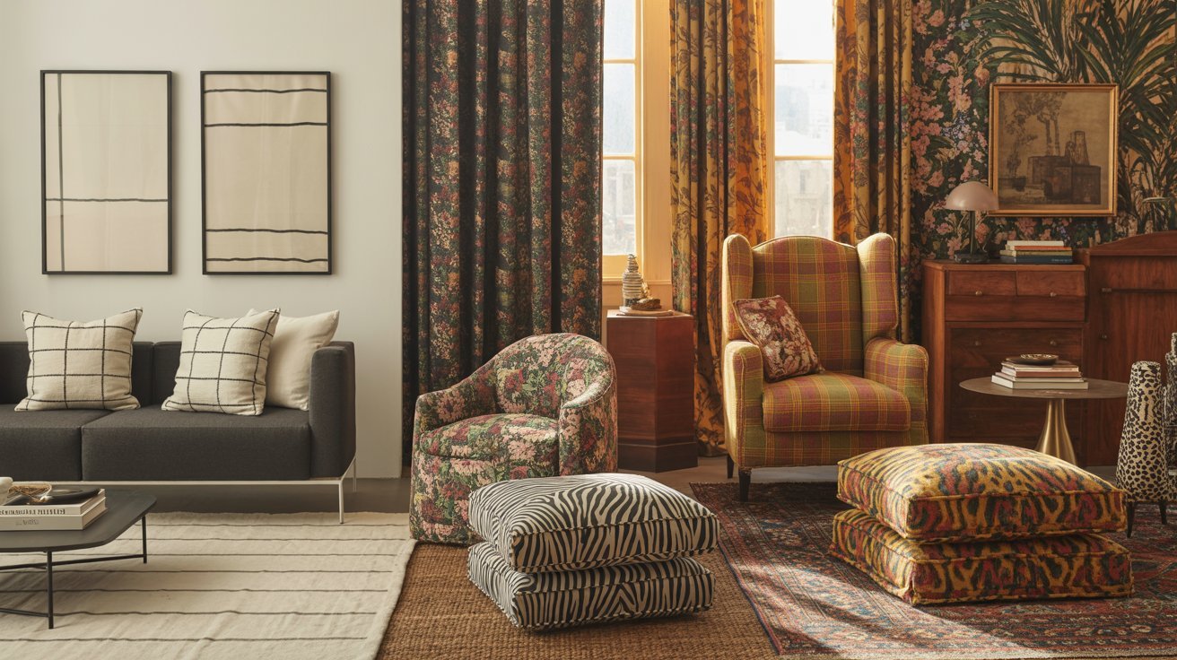 Eclectic living room with a dark sofa, abstract art, floral armchair, plaid wingback, animal print cushions, and lush floral drapes. Cozy and vibrant.