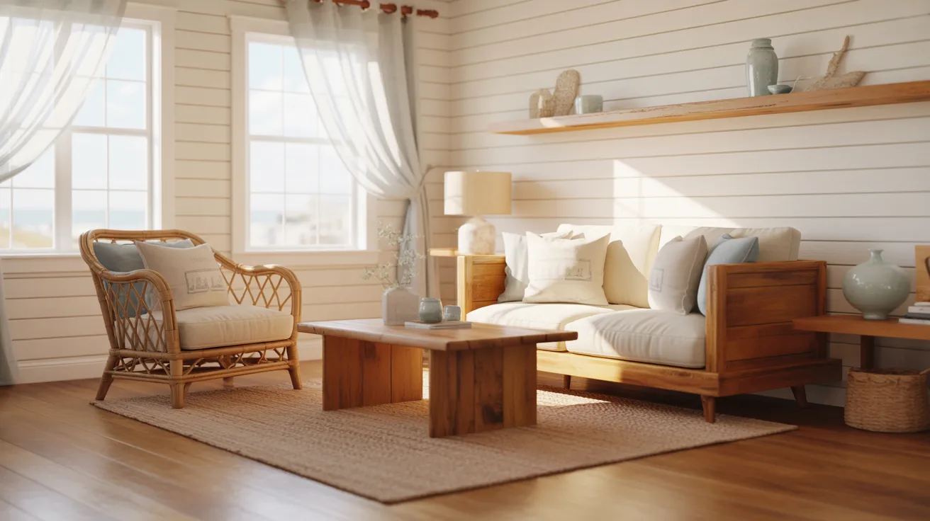 A cozy, sunlit living room with white shiplap walls, featuring a wooden sofa, wicker chair, coffee table, and soft cushions. Soft, neutral decor exudes warmth.