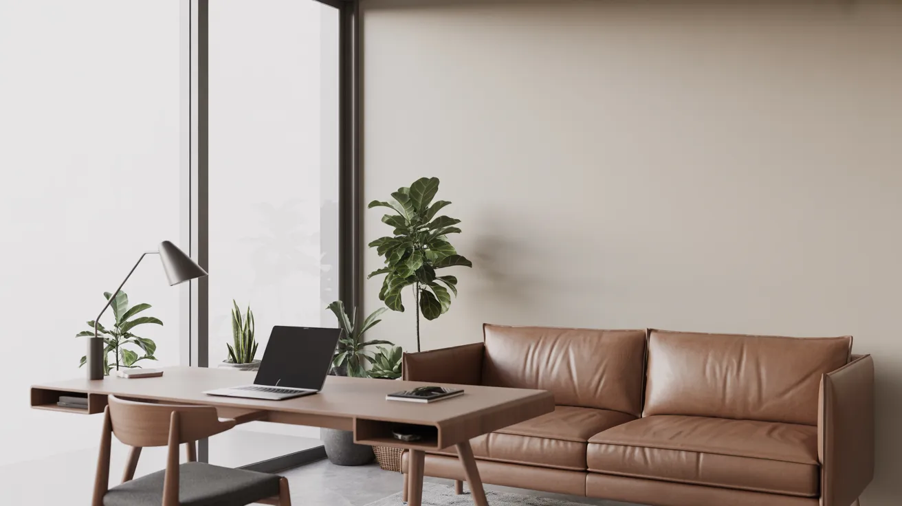 A modern office featuring a sleek leather couch and a stylish desk, creating a professional and inviting workspace.