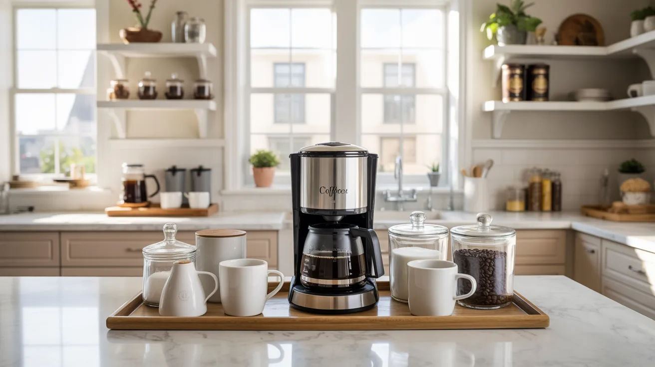 A coffee maker on a counter surrounded by various cups and mugs, ready for brewing coffee.