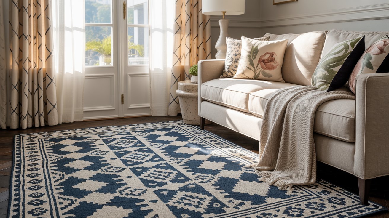 A cozy living room with a beige sofa adorned with floral cushions and a draped throw. Sunlight filters through patterned curtains onto a blue and white geometric rug, creating a warm, inviting atmosphere.