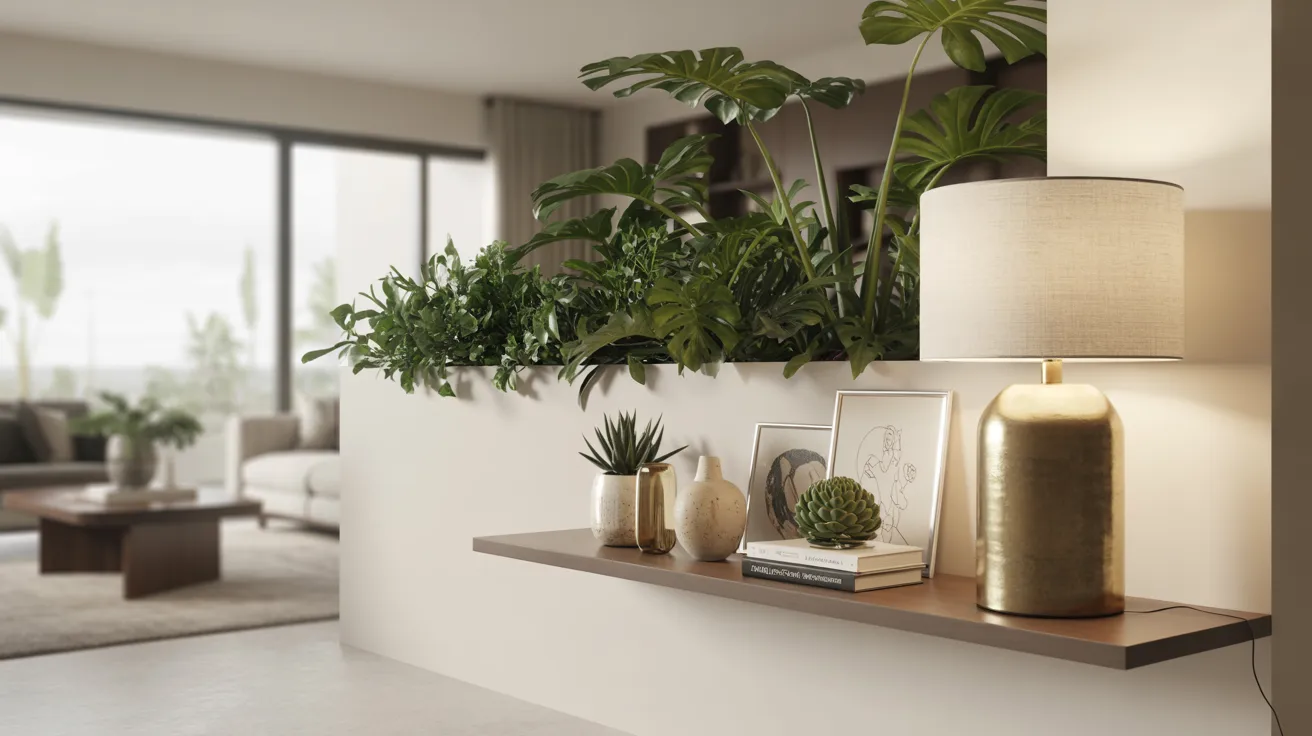 Modern living room with a minimalist design. A wooden shelf holds a gold lamp, plants, and decor. Lush greenery acts as a room divider, creating a calm, airy ambiance. Large windows provide natural light.