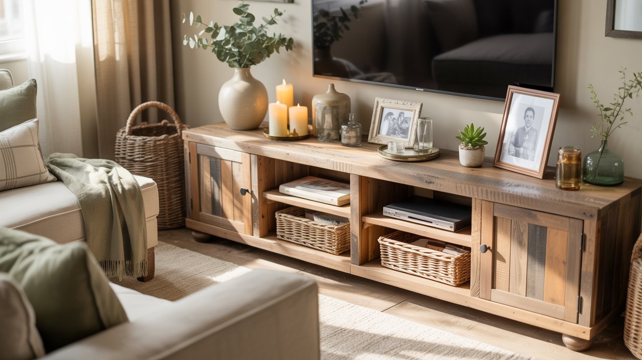 A cozy living room features a rustic wooden TV stand adorned with framed photos, candles, a vase with green leaves, and a succulent. Baskets add warmth.