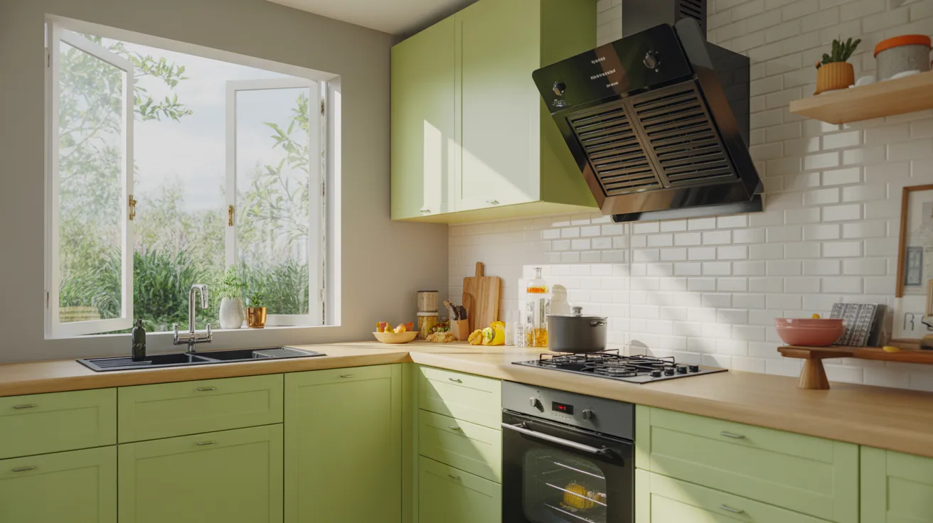 A kitchen featuring green cabinets and a window, creating a bright and inviting atmosphere.