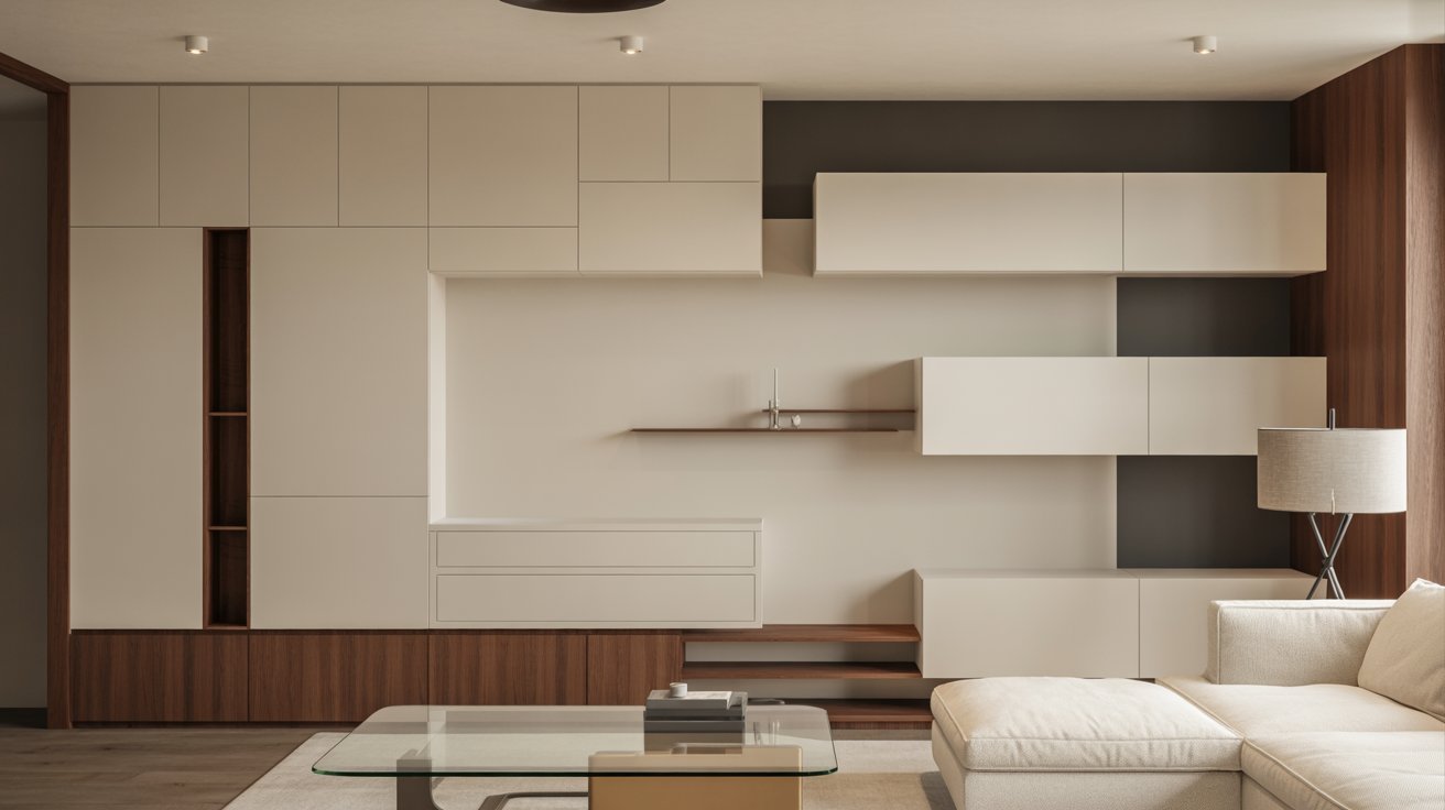 Modern living room with minimalist design, featuring white and wood panel cabinets, a beige sofa, glass coffee table, and a floor lamp, creating a calm atmosphere.