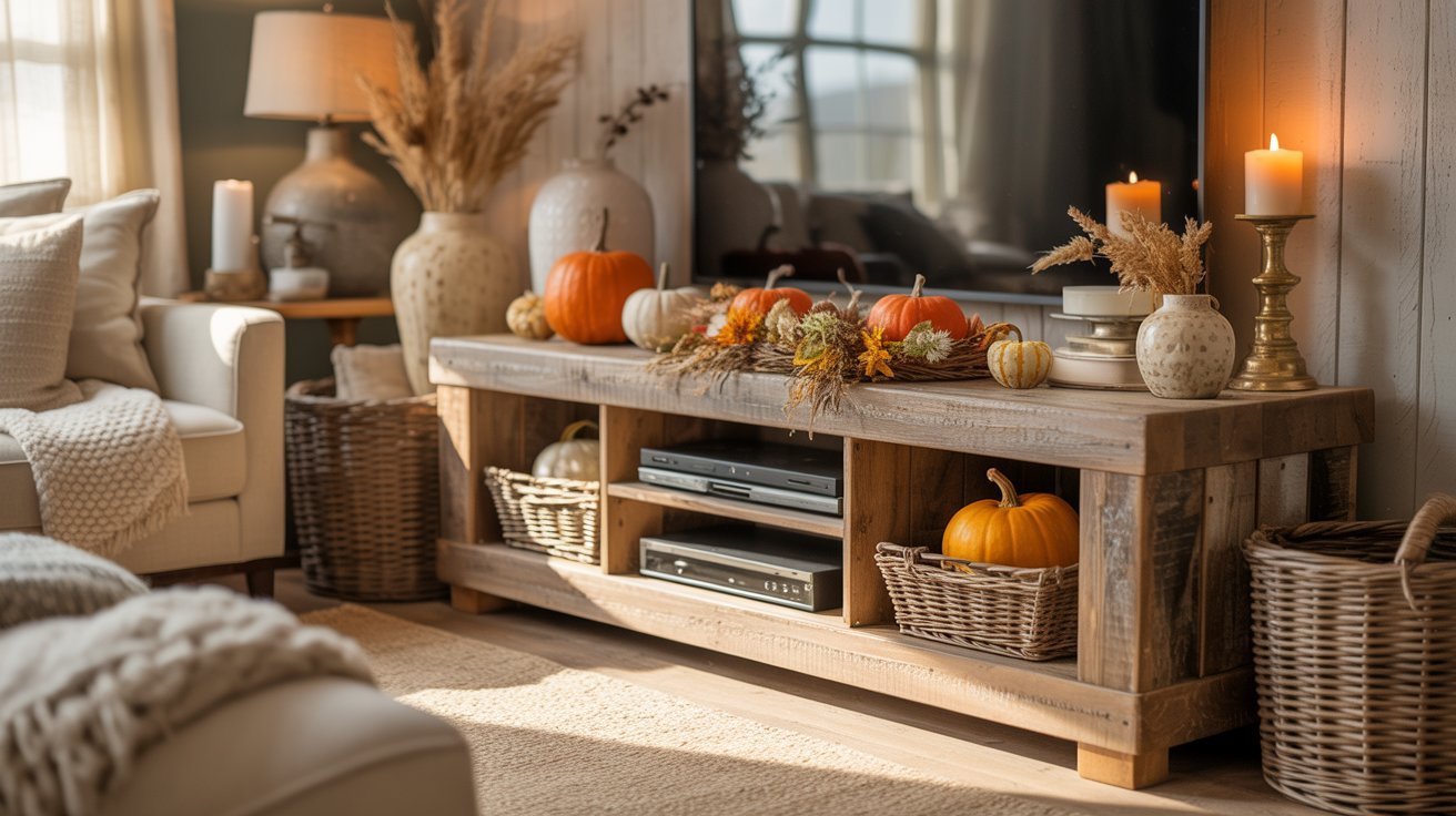 Cozy living room with a rustic wooden TV stand adorned with orange pumpkins, candles, and autumn leaves. Soft lighting creates a warm, inviting atmosphere.