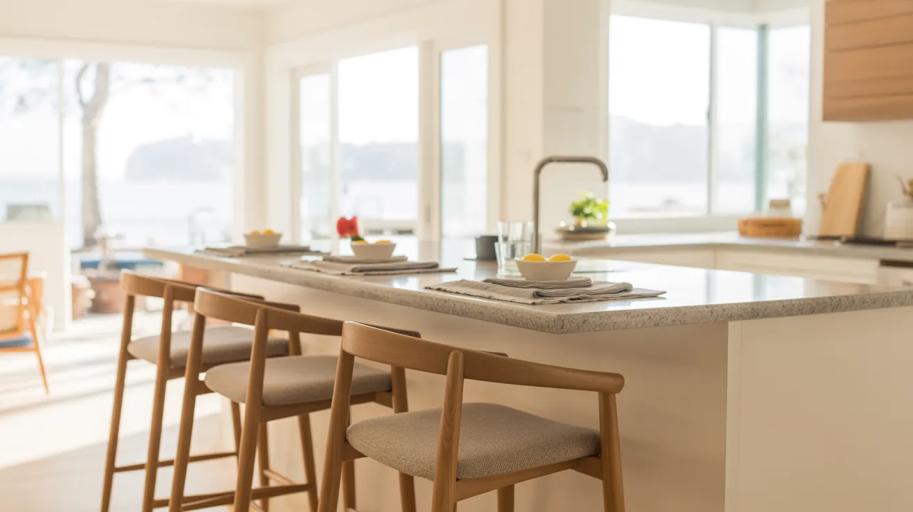 Sunlit modern kitchen with large windows, an island with wooden stools, set for breakfast with bowls of fruit. Bright, airy, and inviting atmosphere.