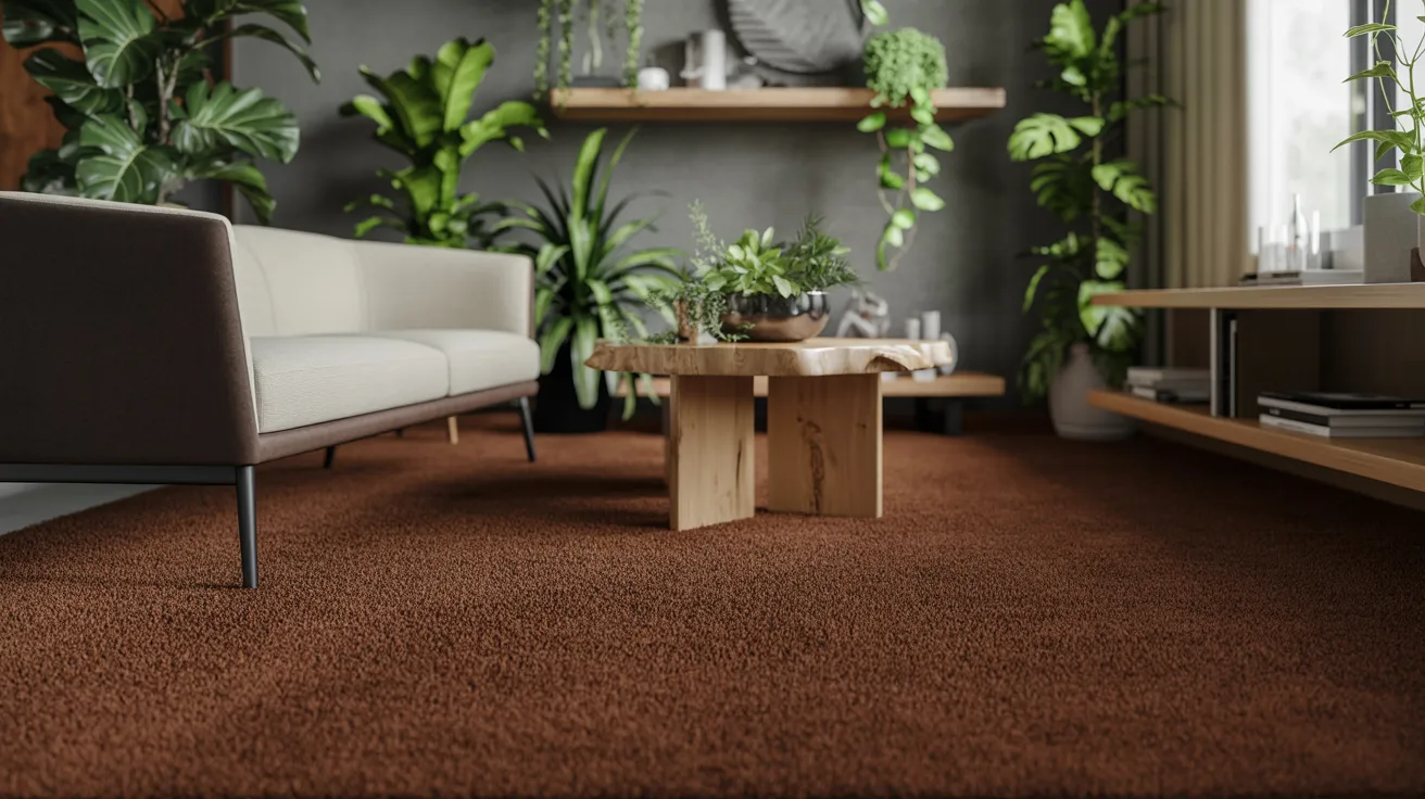 Modern living room with a beige sofa, wooden coffee table, and lush green plants. The room features a brown carpet and large windows, creating a cozy, inviting atmosphere.