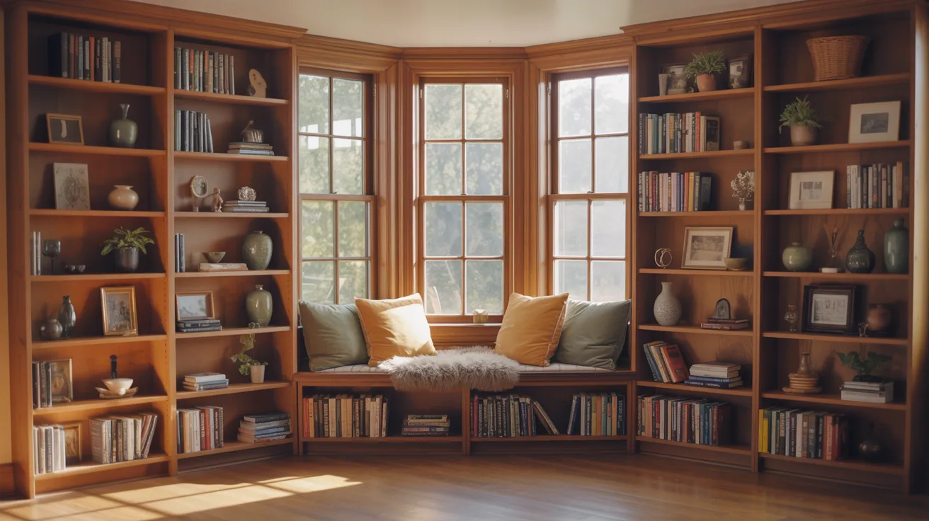 A cozy bookshelf beside a window seat adorned with colorful pillows, creating a comfortable reading nook.