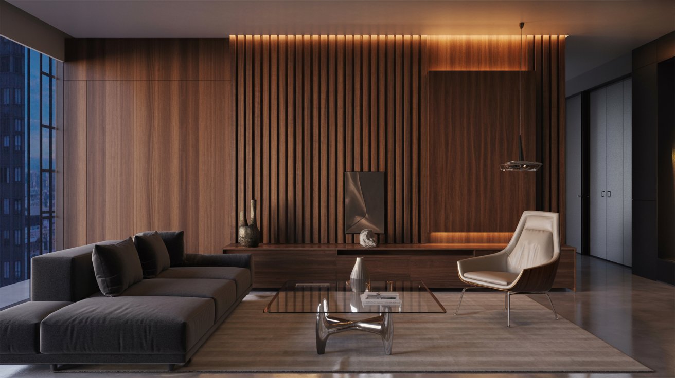 Modern living room with a dark gray sofa, white armchair, and glass coffee table. Wood-paneled wall with warm lighting, creating a cozy ambiance.