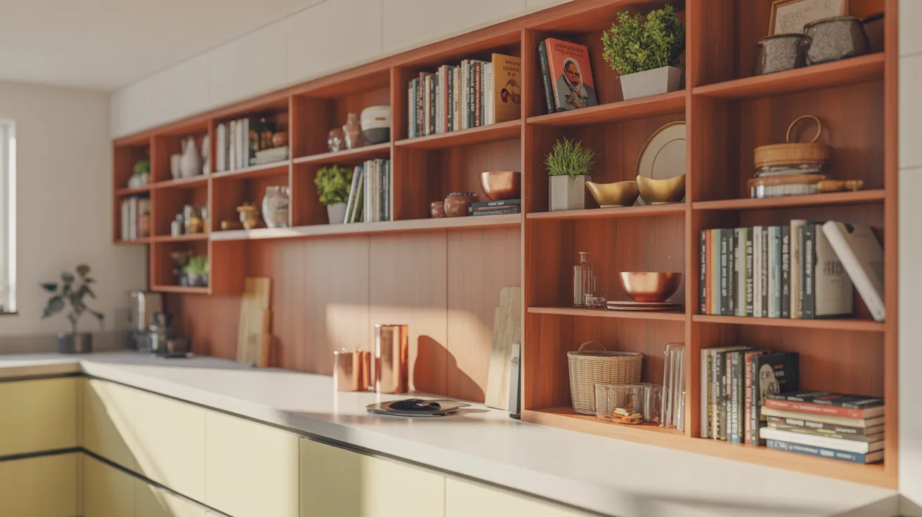 Modern kitchen with sleek, white countertops and open wooden shelves holding cookbooks, plants, and copper utensils, creating a warm, inviting atmosphere.
