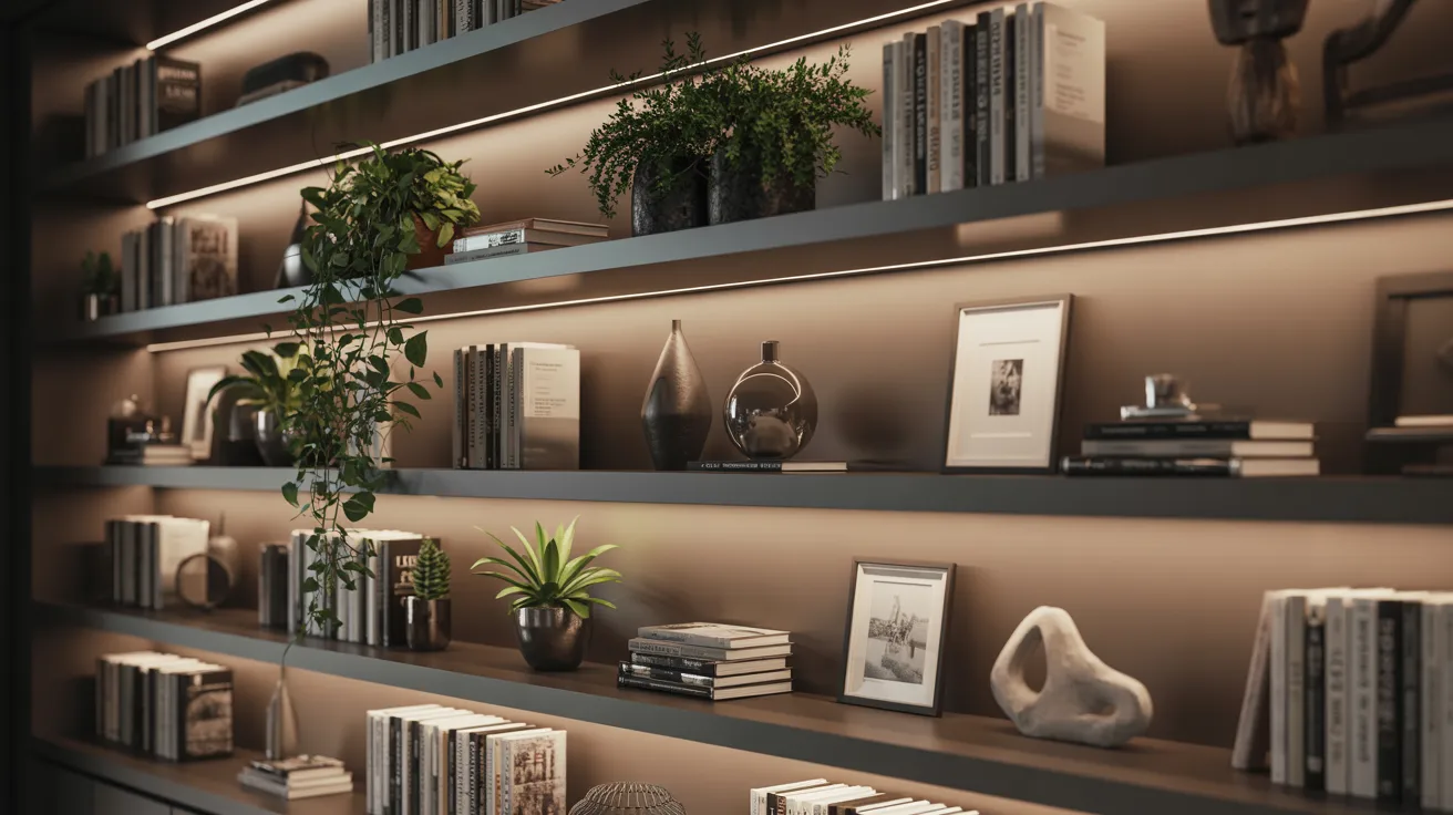 Modern bookshelf with warm lighting, featuring neatly arranged books, framed photos, ceramic sculptures, and lush green plants, creating a cozy ambiance.
