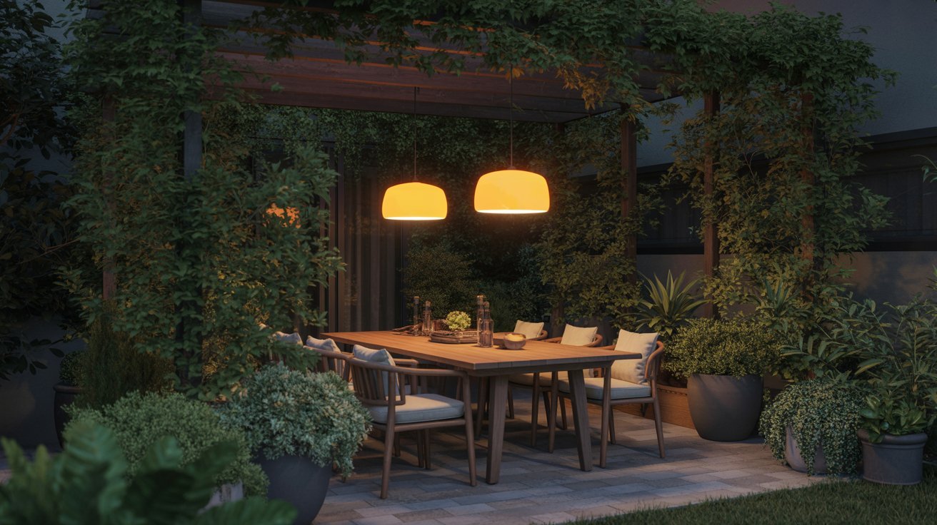 A cozy outdoor dining area under a pergola wrapped in lush greenery, with a wooden table, cushioned chairs, and warm overhead pendant lights at dusk.