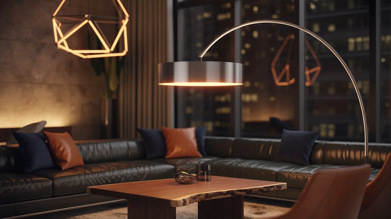 A modern living room featuring sleek leather couches and a stylish lamp, creating a cozy and contemporary atmosphere.