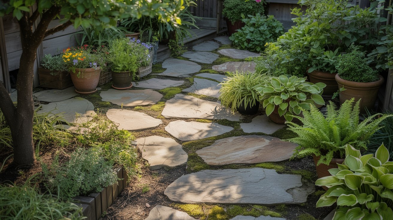 A serene garden path with large stone slabs surrounded by lush green plants and potted flowers. Dappled sunlight creates a peaceful, inviting atmosphere.