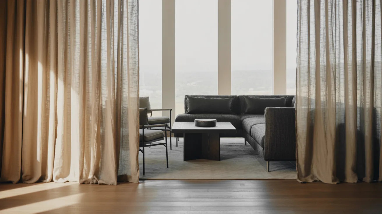 A cozy living room featuring a couch and table positioned in front of a large window, allowing natural light to enter.